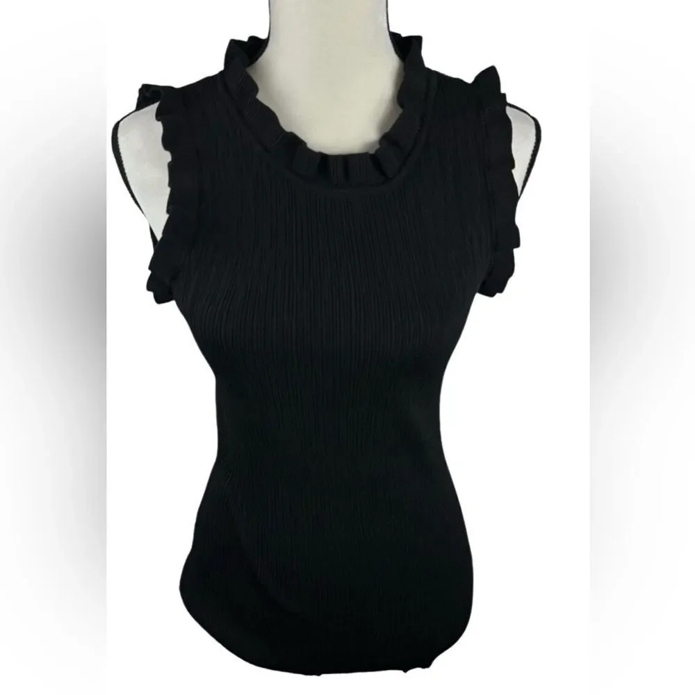 Ann Taylor Factory black ribbed sleeveless ruffled sweater size M.